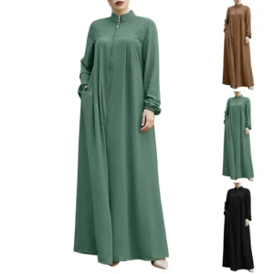 Oversized Women Ramadan Abayas Front Zipper Up Musulman Dress With Pockets Stand Collar Solid Islamic Clothing Loose Jilbab