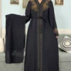 Muslim Chiffon Abayas For Women 2024 Dubai Islam Loose Fit Femme Robe Long Sleeved Diamond Studded Solid Color With Belt Turban