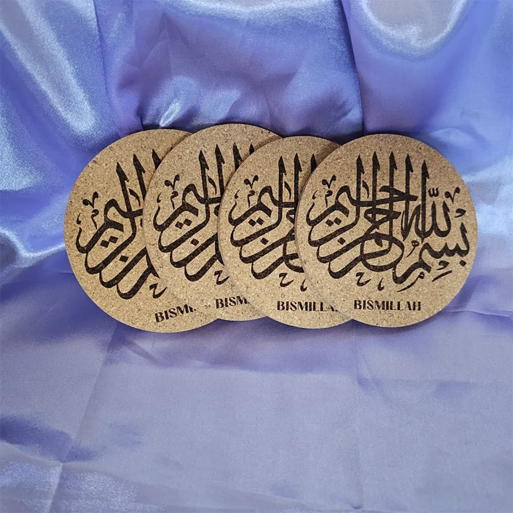 4pcs Bismillah Arabic Calligraphy Wood Cork Coasters for Your Table Ramadan Kitchen Home Decor Islamic Muslim Gift Eid Al-Adha