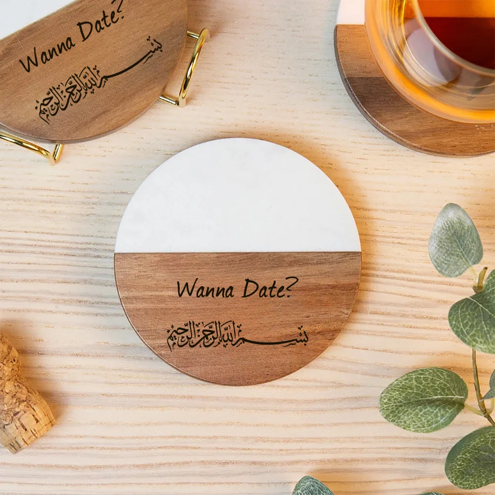 Wanna Date? Funny Engraved Bismillah Marble Wood Coasters Eid Mubarak Ramadan Home Decor Gift for Islamic Eid Al-Adha Hajj Item