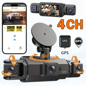 Car Dash Cam 4 Channel with GPS Night Vision WiFi for Car DVR 360° Front Left Right Rear Loop Recording 24H Parking Monitor