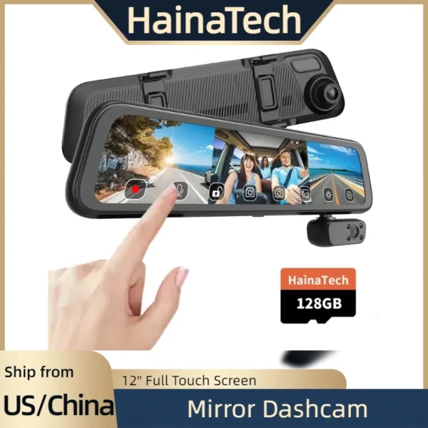 HainaTech 2K Mirror Dashcam 3 Channel Rear View Mirror Dash Cam Front and Rear 12'' Full Touch Screen Dash Car Camera IR GPS