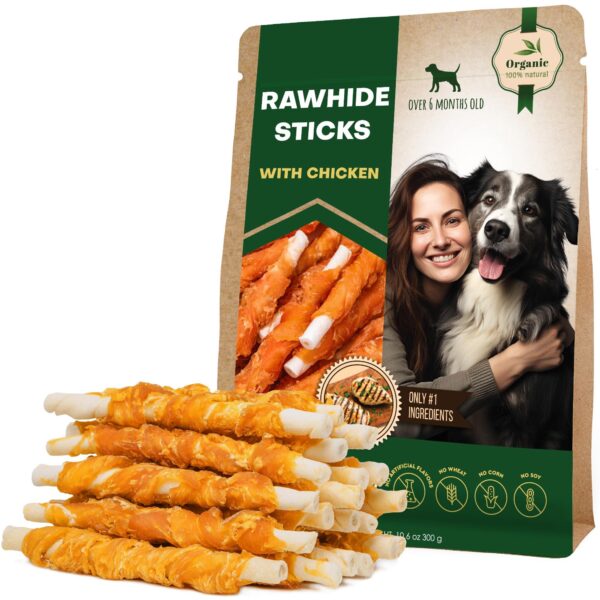 Dog Rawhide Sticks Wrapped with Chicken & Pet Natural Chew Treats   Grain Free Organic Meat & Human Grade Dried Snacks in Bulk   Best Twists for Training Small & Large Dogs   Made for USA (Sticks)
